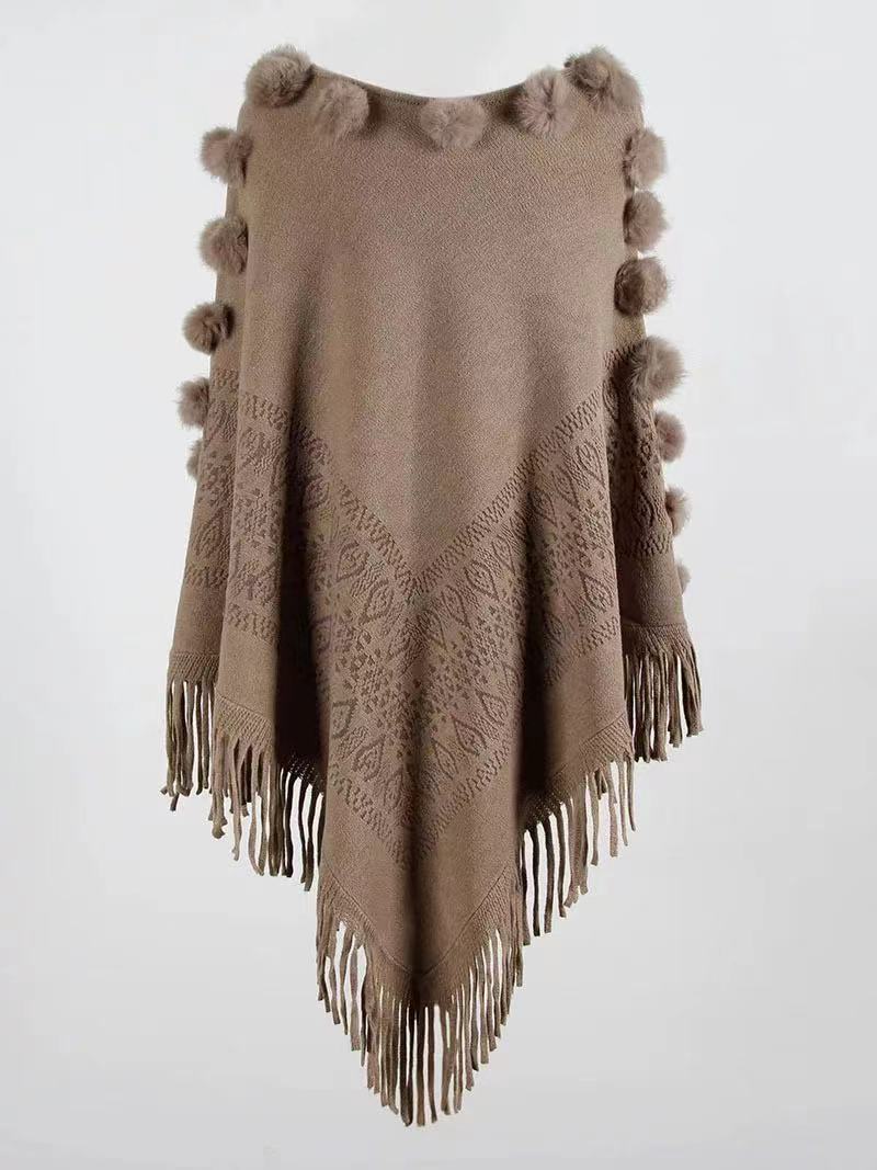 Cape à pompon en poils de lapin pour femme, pull à col rond_voghion.com