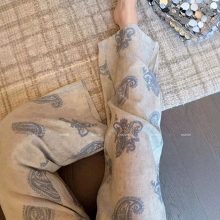 老钱风印花亚麻阔腿裤女2026新款春季高腰慵懒休闲直筒设计感裤子