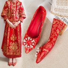 婚鞋秀禾結婚鞋女新款紅鞋低跟新娘鞋紅色中式粗跟敬酒孕婦鞋代發