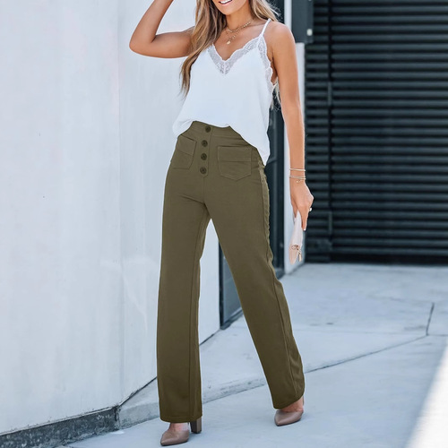 2024 Amazon Europe and America fashion new style women's casual straight leg pants high waist button elastic with multiple pockets 