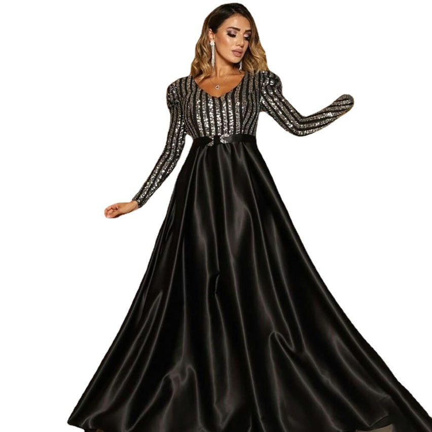 Vestido largo sexy con cola, estilo europeo y americano, marca independiente, escote en V profundo, dobladillo grande, nuevo vestido de noche para banquetes, 2025.