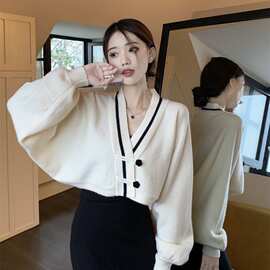 2023短款别致新中式V领毛衣女春季设计感小众宽松针织衫外套上衣