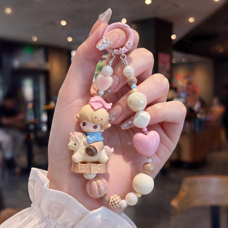Trojan Boy Doll Beaded Phone Chain Pink Heart Cartoon Pendant Girl's Bag Keychain Accessories Wholesale
