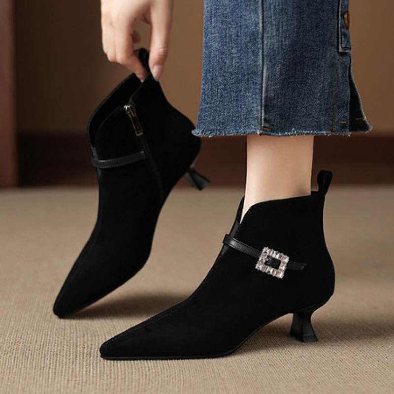 5cm French-Style Chunky Heel Pointed Toe Stretch Sock Boots for Women, Spring and Autumn Single Boots, Winter Fleece-Lined High-Heeled Slim Short Boots, Large Size 5cm French-Style Chunky Heel Pointed Toe Stretch Sock Boots for Women, Spring and Autumn Single Boots, Winter Fleece-Lined High-Heeled Slim Short Boots, Large Size
