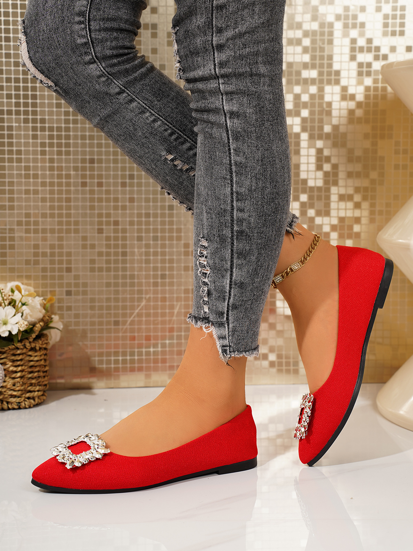 Women's Plus Size Slip-On Flat Shoes Pointed Toe Rhinestone Square Toe Casual Brown PU Spring Season_vogvips.com
