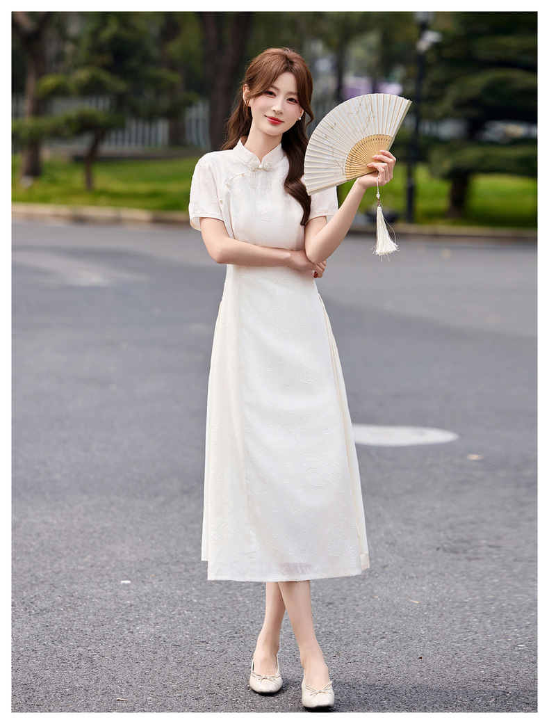 Đầm maxi nữ thắt eo phong cách tân cổ điển Trung Hoa GT8200 — màu trắng ngà chi tiết 16