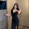 Suspender dress， celebrity temperament， slim fitting， forked， floor dragging evening dress