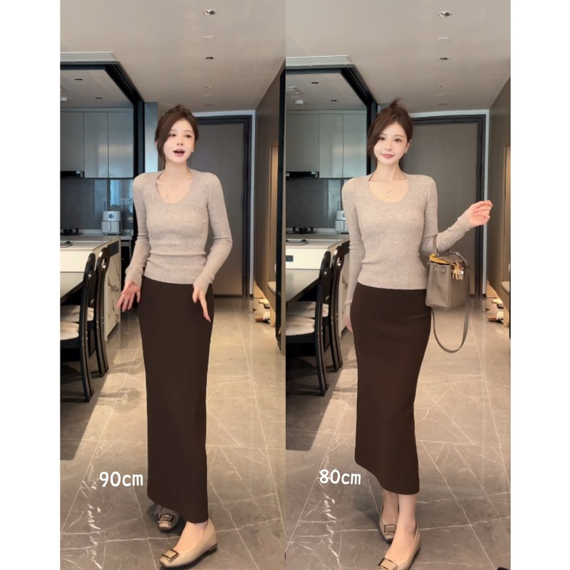 2025新款高智美人包臀弹力半身开衩长裙高级乱麻梨形显瘦直筒半裙|undefined