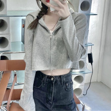 欧美跨境短款卫衣女2021年新款春秋学生连帽开衫拉链上衣外套代发