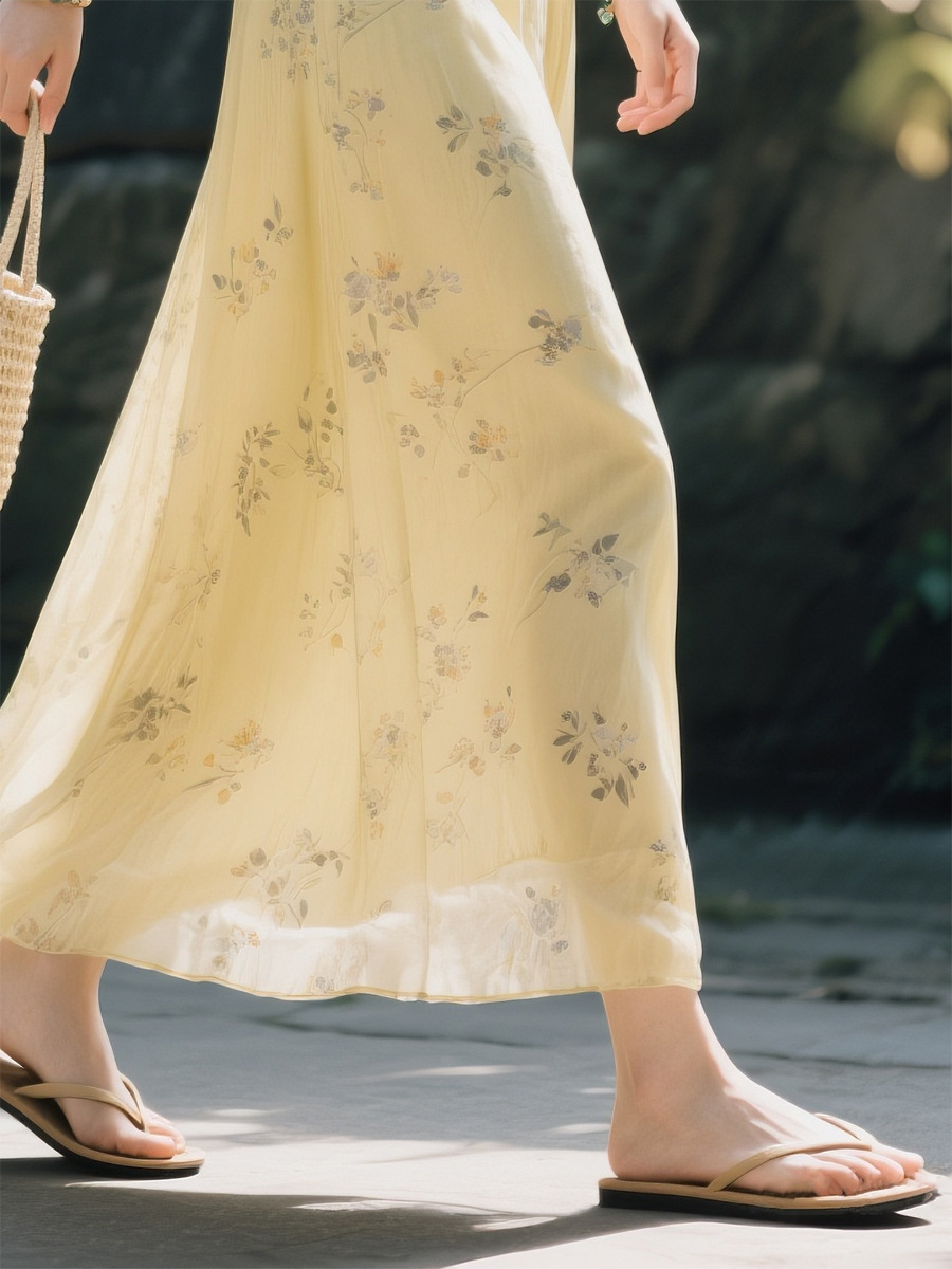 Váy maxi nữ eo cao dáng chữ A họa tiết hoa vàng nhạt — Vàng nhạt
