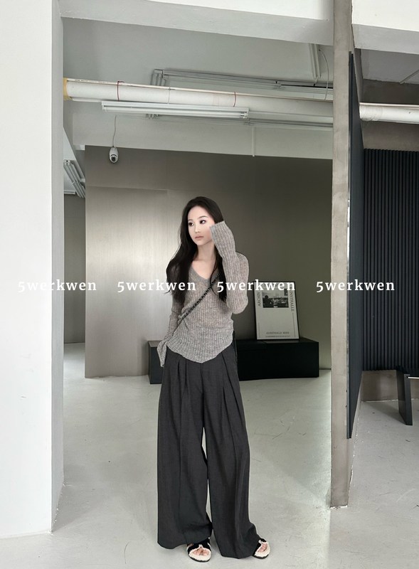 5werkwen 铅灰色压褶西装裤高腰显瘦阔腿拖地裤春夏垂感宽松长裤|undefined