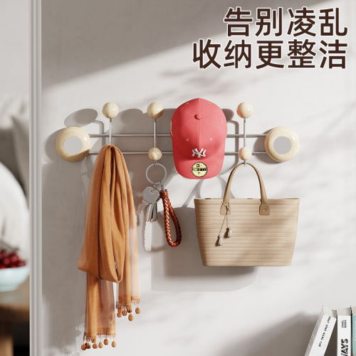 Stainless steel wood grain door hook, door-mounted hanging rack with strong adhesive, new Chinese style double-row wood grain hooks