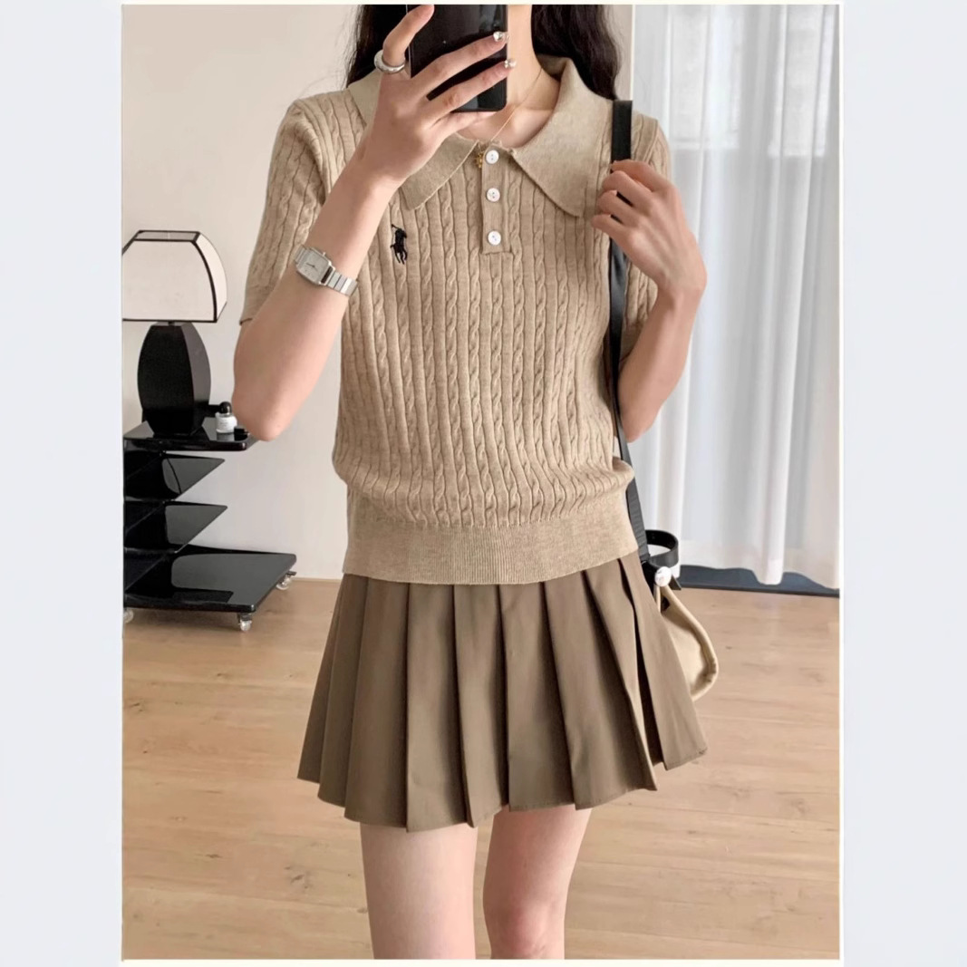 봄여름 여성용 폴로넥 니트셔츠, 포니 자수 슬림핏 반팔 티셔츠, 레트로 트위스트 탑