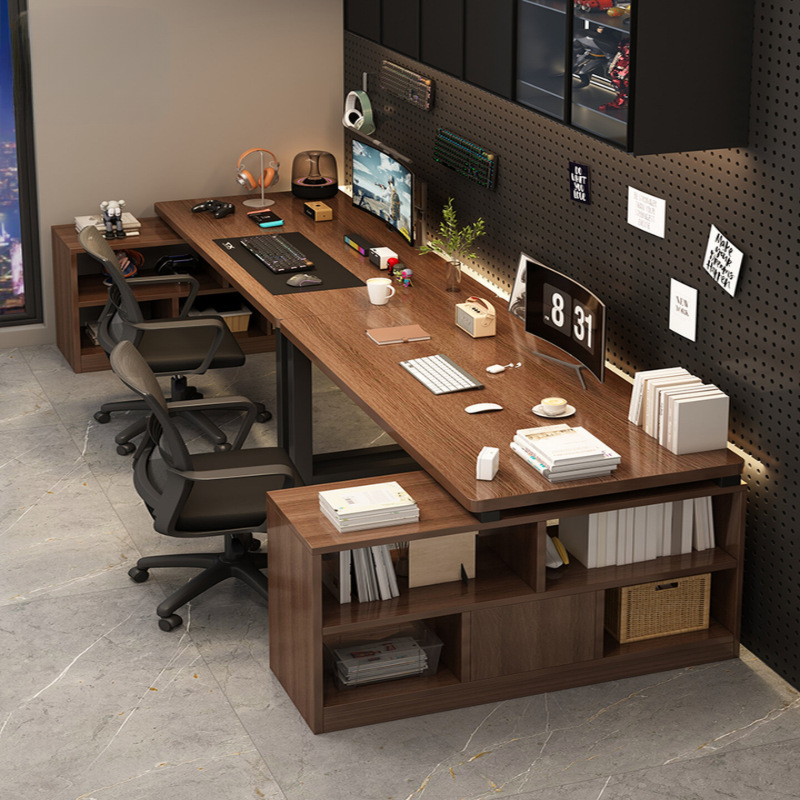 Double Computer Desk, Desktop Gaming Table, L-Shaped Desk with Integrated Bookshelf, Side-By-Side Home Office Desk, Corner Table