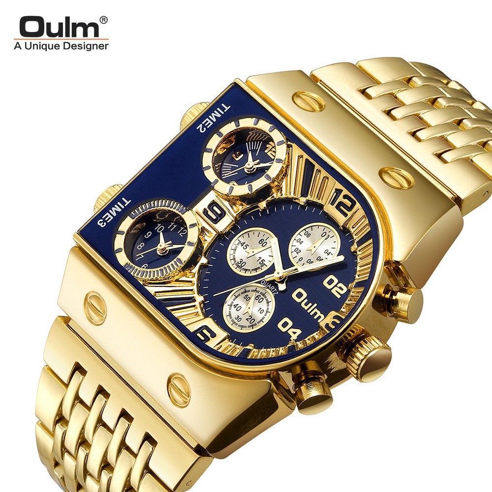Oulm ouradium nuevo multi-zona horaria gran dial luminoso reloj de hombre correa de acero casual transfronterizo reloj de cuarzo reloj de oro