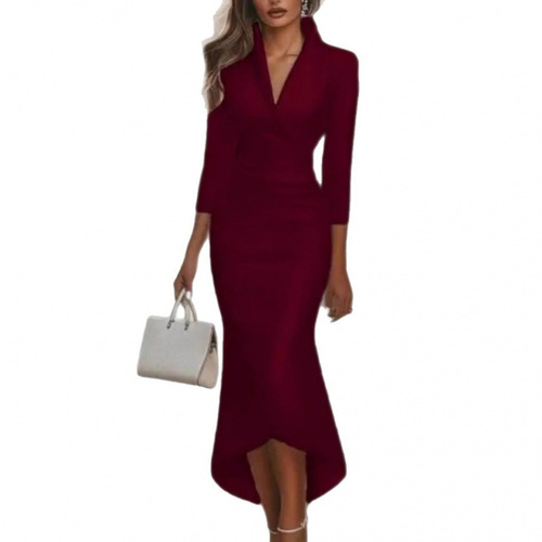 European and American autumn new arrival elegant solid-color long-sleeved V-neck satin irregular dress
