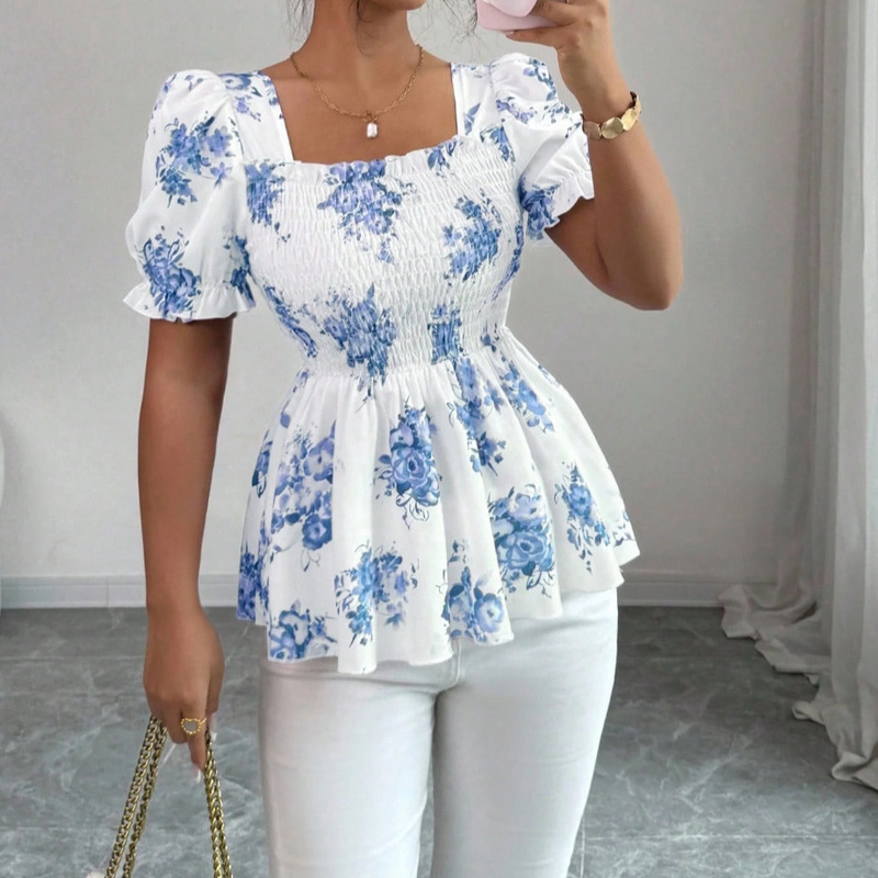 European and American Cross-Border Women's Clothing Spring and Summer New Floral Print Puff Sleeves Ruffled Hem Casual Vacation Shirt European and American Cross-Border Women's Clothing Spring and Summer New Floral Print Puff Sleeves Ruffled Hem Casual Vacation Shirt