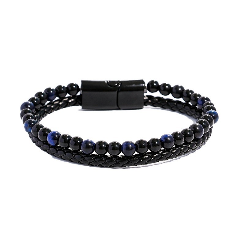 Nuestro nuevo pulsera de piedra natural de cuerda de aleación de hombre, doble capa de ojo de tigre, pulsera de cuentas de piedra volcánica fabricantes