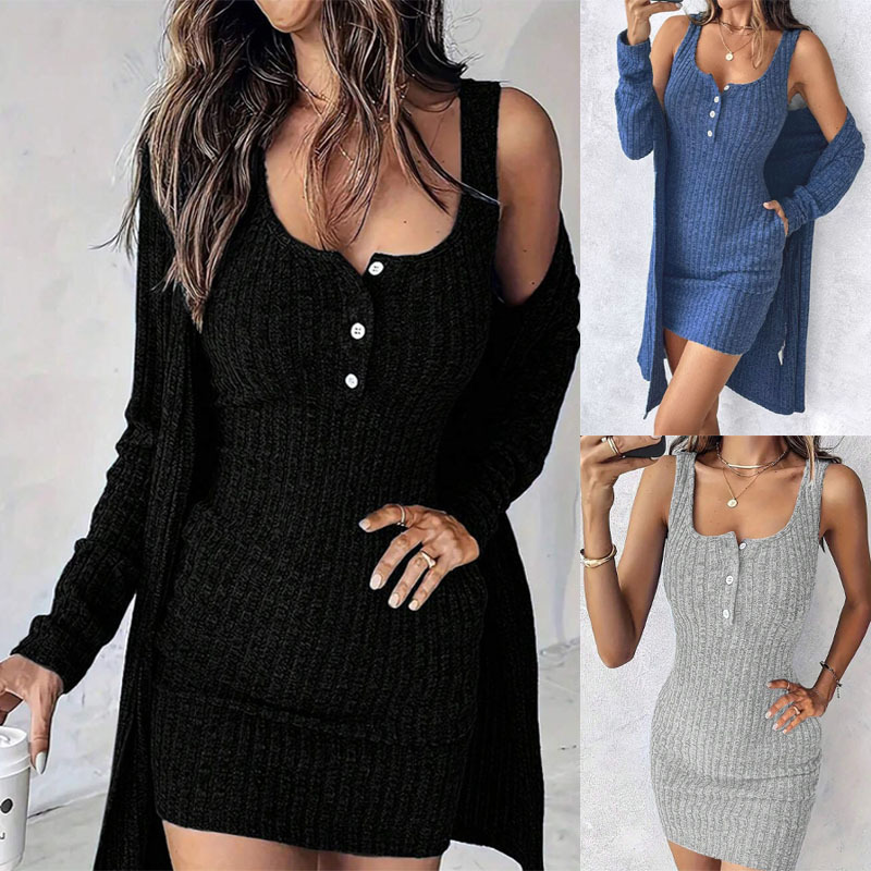 Amazon European and American Cross-Border Foreign Trade Dress Jacket Two-Piece Set Sexy Slim Solid Color Ribbed Tank Dress Women's Clothing