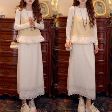 大码胖mm法式温柔风套装女春秋新款花苞打底长袖针织马甲三件套潮