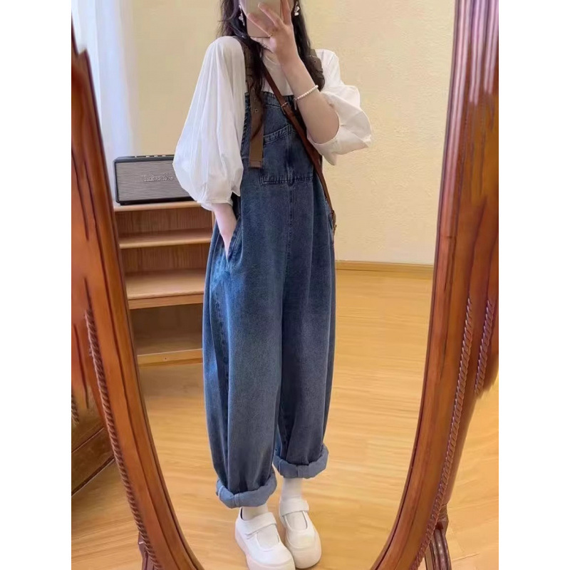 微胖mm时髦套装小个子穿搭春秋泡泡袖上衣水洗牛仔背带裤两件套女|undefined