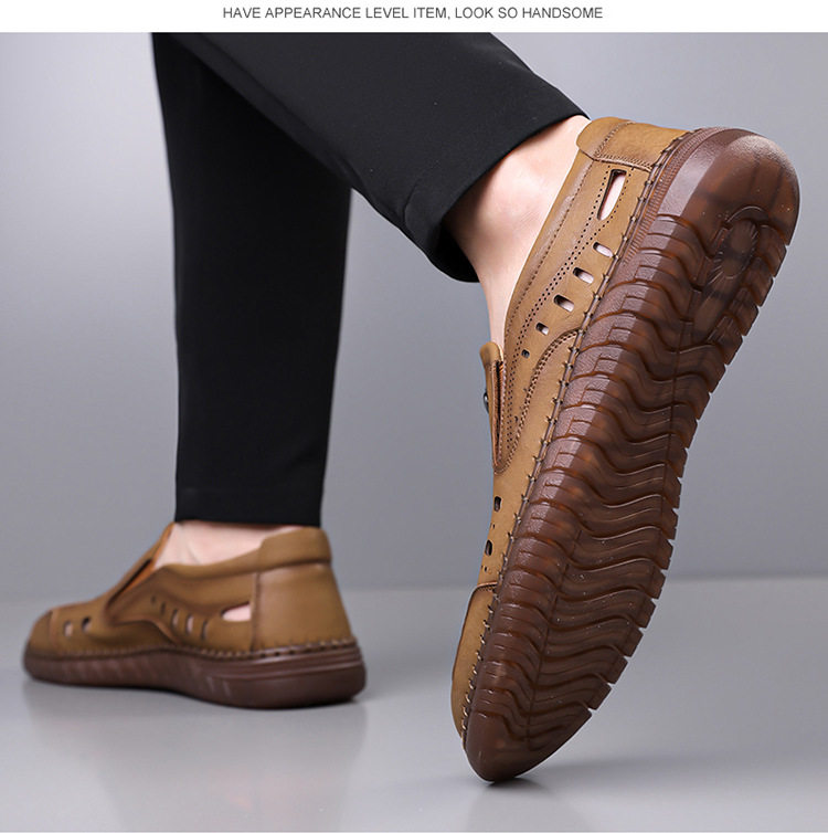 Dép sandal nam da dệt thoáng khí kiểu lười mũi vuông cỡ lớn — Màu kaki, Màu trắng, màu đen chi tiết 15