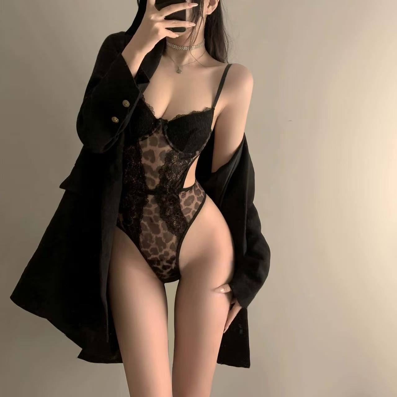 Leopard Print Lace Underwire Push-Up Bodysuit, One-Size Polyester Lingerie — detail image 3