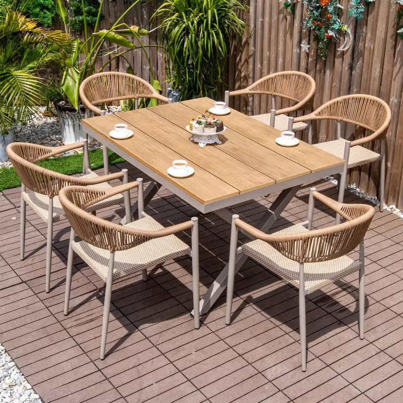Mesas y sillas al aire libre patio de madera de plástico terraza jardín silla de mimbre balcón madera anticorrosiva al aire libre mesa de comedor de ocio combinación de ratán