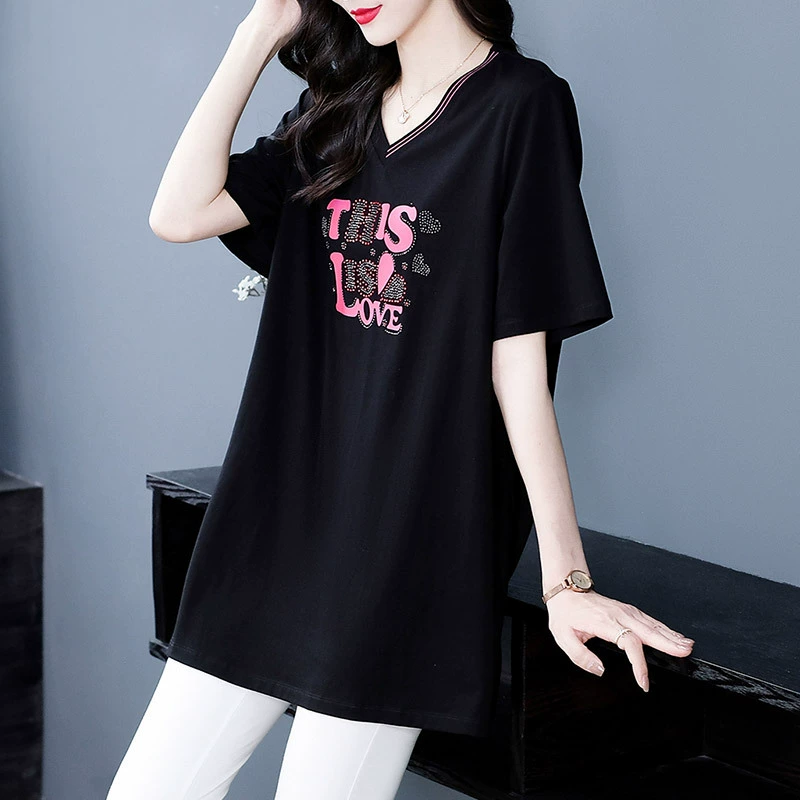 Летняя Свободная трикотажная футболка-топ для полных девушек среднего и пожилого возраста, с короткими рукавами и V-образным вырезом