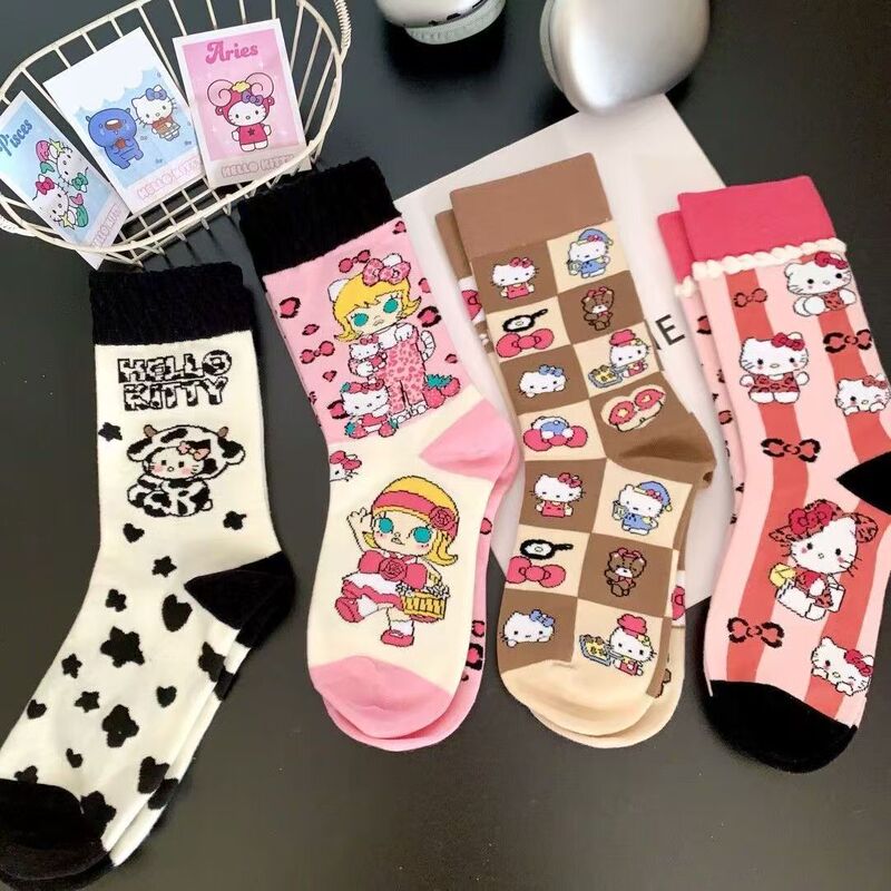 Japanese Cute Cartoon Anime Hello Kitty Girl's College Style Spring and Autumn Cotton Socks Sweet Trendy Cool AB Socks for Women
