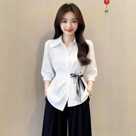 七分袖系带收腰衬衫女2026春季新款大码微胖mm显瘦设计感通勤上衣