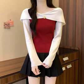 披肩假两件安可拉红撞色针织衫上衣女超好看一字肩圣诞毛衣小衫秋