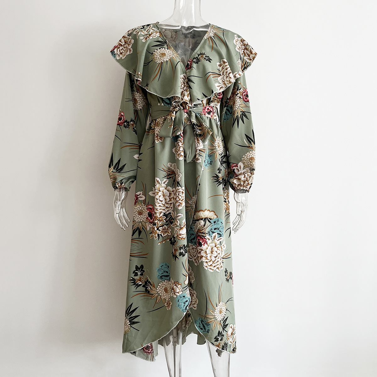 Ruffled Collar Lantern Sleeve Long Sleeve Dress Floral Wrap Split Expansion Maxi Dress Women Women Clothing 13 Ruffled Collar Lantern Sleeve Long Sleeve Dress Floral Wrap Split Expansion Maxi Dress Women Women Clothing