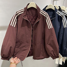 韩系棒球服外套女士冬季条纹拼接休闲立领棉衣小个子工装夹克棉袄