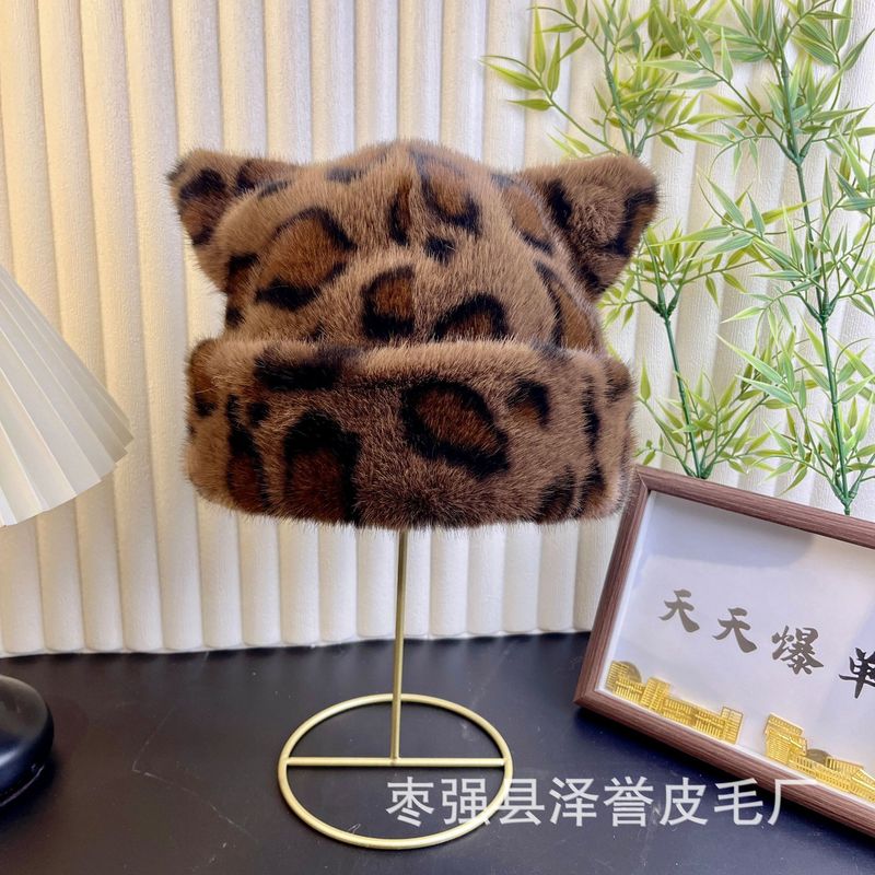 豹纹帽子小精灵新款秋冬时尚豹纹耳朵毛绒渔夫帽女小众复古护耳帽|undefined