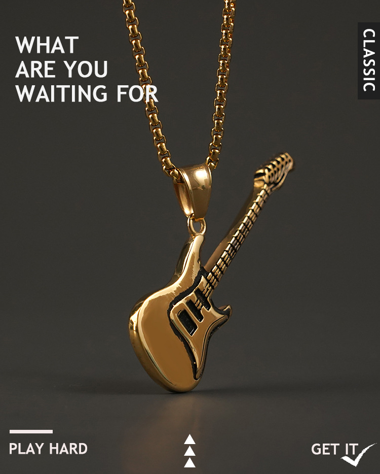 Pingente de guitarra de aço titânio punk rock mais vendido, colar de instrumento de metal personalizado masculino da moda_voghion.com