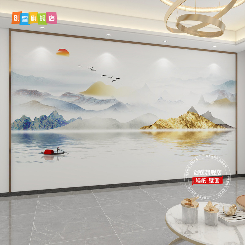 千里江山图电视背景墙壁布客厅新款中式壁纸3d立体壁画影视墙|undefined
