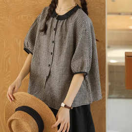 非实拍日系棉麻格子短袖衬衫女夏季森系文艺风娃娃领减龄宽松衬衣