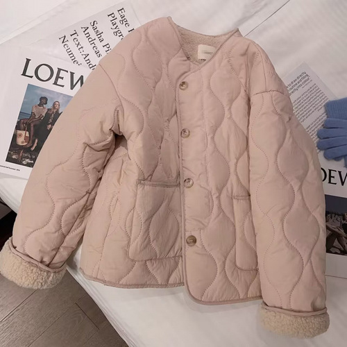 Pink Lamb's Wool Cotton Coat for Women 2025 Winter New Korean Style Thick Round Neck Lamb's Wool Outerwear Cotton Coat