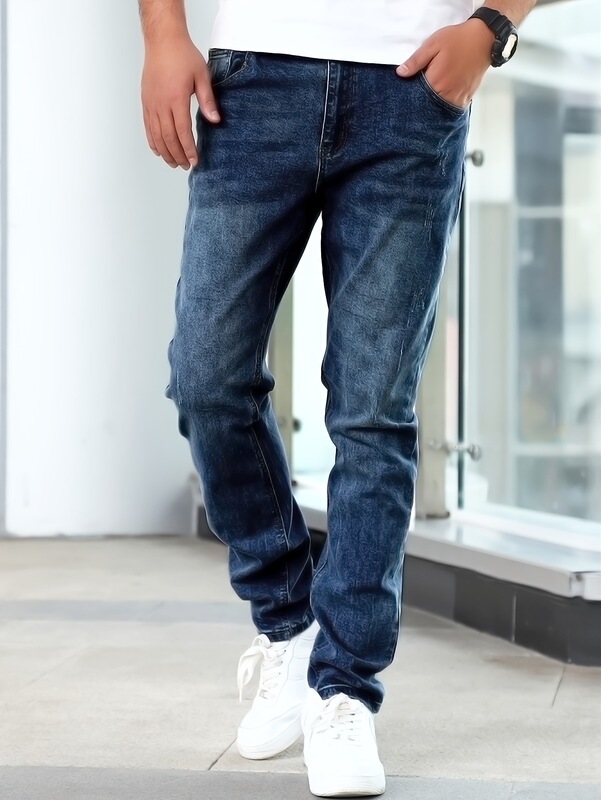 Men's Straight-Leg Jeans with Medium Stretch, Cycling Style Men's Pants, Street Style Dark Blue Denim Trousers Men's Straight-Leg Jeans with Medium Stretch, Cycling Style Men's Pants, Street Style Dark Blue Denim Trousers