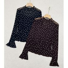 深圳南油复古港风波点网纱荷叶边喇叭袖微透双层舒适百搭打底上衣