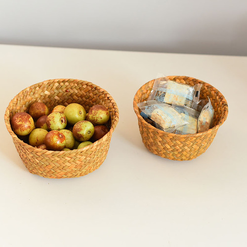 Natural seaweed woven storage basket kitchen ginger garlic storage basket small round entryway desktop miscellaneous storage basket