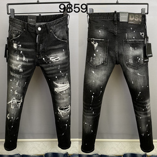 9859 2023D2 Hole Fashion Men's Denim Trousers Quadratic Personality Small Straight Leg Cross-border Trendy Jeans