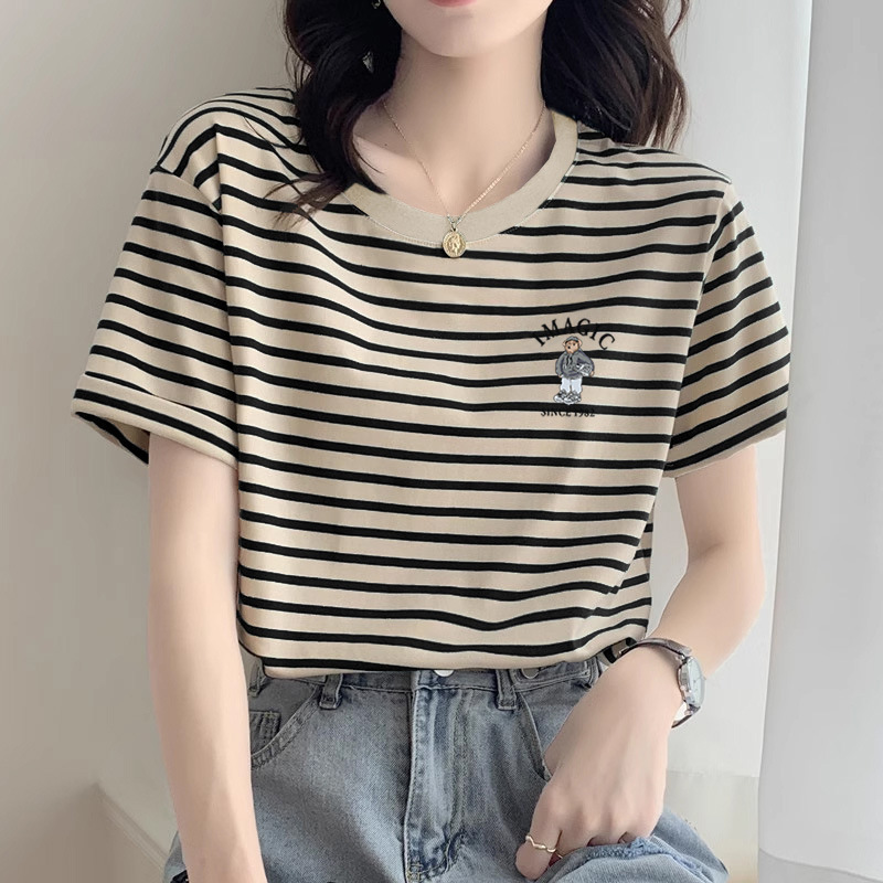 2025新款正肩条纹纯棉短袖t恤女时尚洋气宽松休闲上衣打底衫夏季|undefined