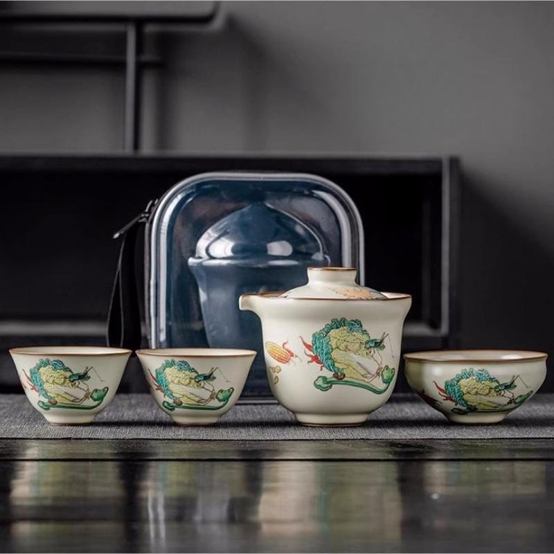 Travel ceramic Express Cup portable Ru kiln one pot 3 cups kung fu tea set household teapot hand gift