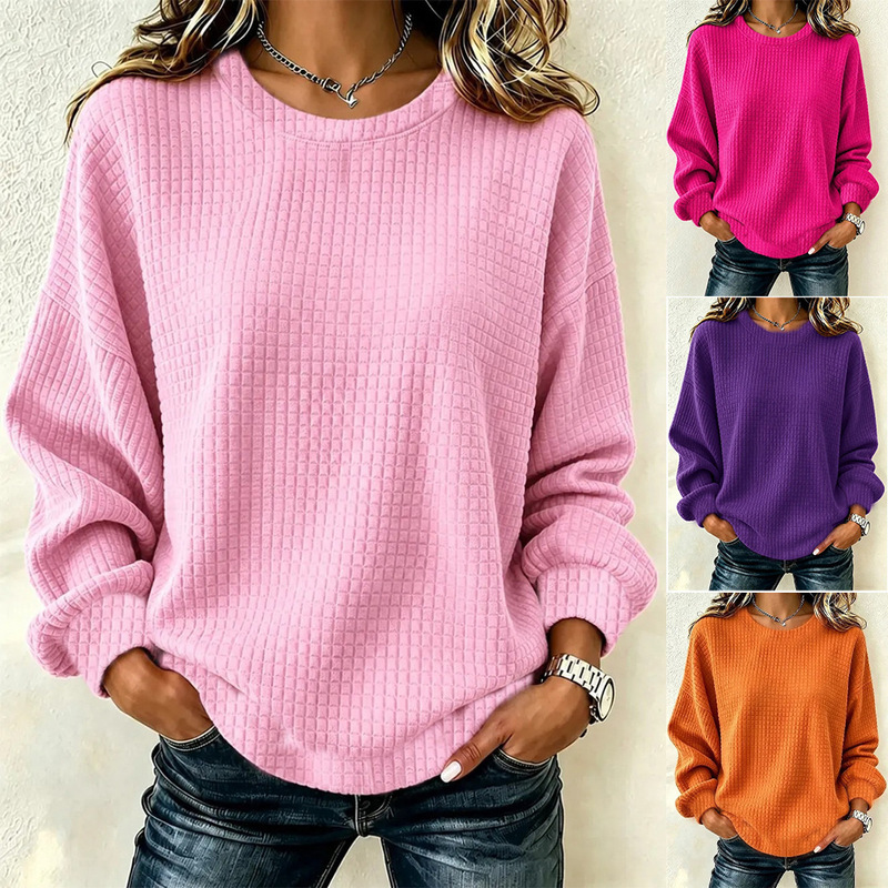 2026 Independent Brand European and American Fashion Waffle Pattern Women's New Loose Casual Autumn Winter Long Sleeve Round Neck Sweatshirt 2026 Independent Brand European and American Fashion Waffle Pattern Women's New Loose Casual Autumn Winter Long Sleeve Round Neck Sweatshirt