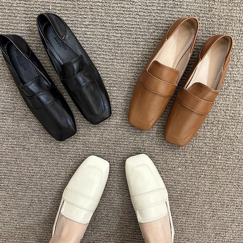 Zapatos cuadrados de mujer retro francés suave, zapatos casuales de cuero suave, zapatos de cuero suave, zapatos de cuero Lefour.
