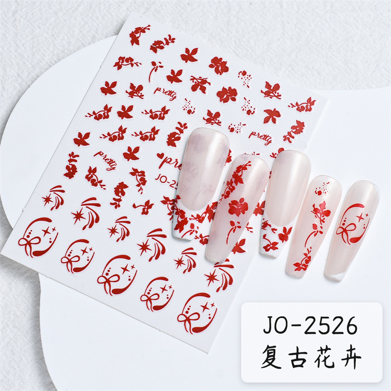 Año nuevo rojo uñas pegatinas festivo flor arco corazón francés letras ricas nuevo país estilo adhesivo uñas pegatinas