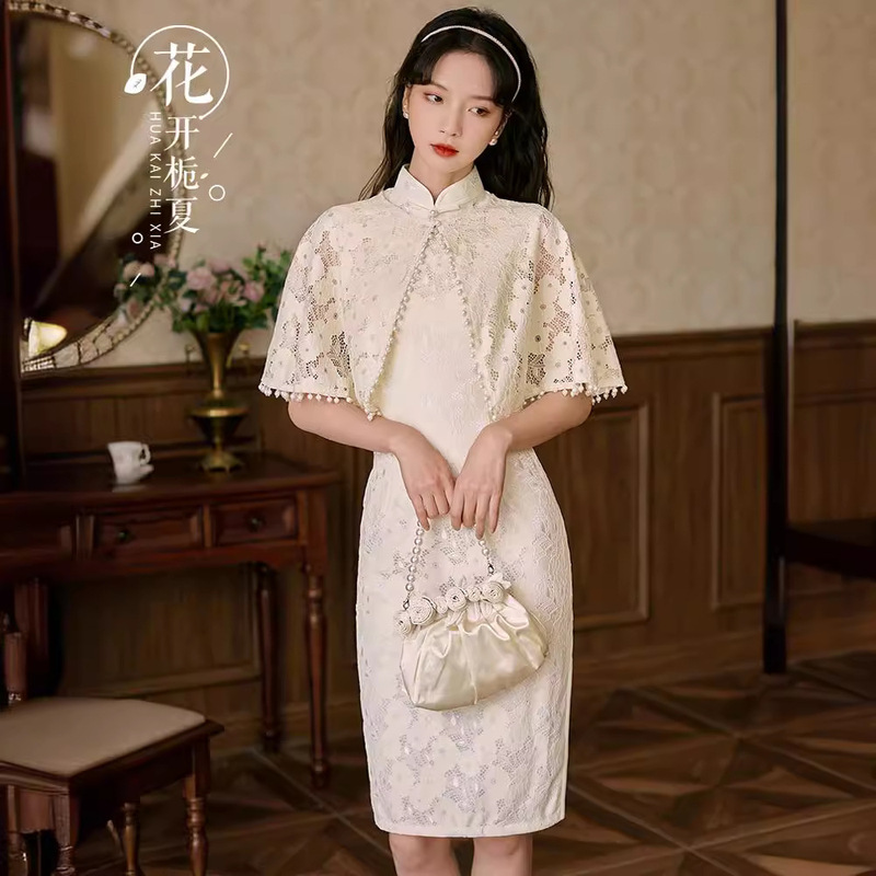 Annual Evening Dress Cyber Popular Cheongsam Small Shawl Women's Outer Wearing Western Style Dress Sunscreen Cardigan Lace Short Top