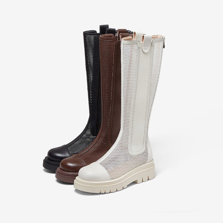 Boot lưới nữ da bò cổ cao thoáng khí mùa hè, đế dày, ống rộng cho chân to — Màu nâu ống lớn, Màu đen cổ ống lớn, Ống nhỏ màu đen, Chu vi ống lớn màu trắng be chi tiết 4